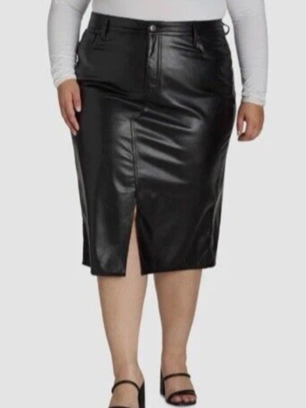 Terra & Sky Black Faux Leather Pencil Skirt with Front Slit